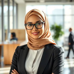 A professional woman wearing a hijab and glasses, embodying confidence and elegance in a modern office setting