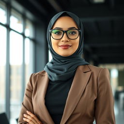 A professional woman wearing a hijab and glasses, embodying confidence and elegance in a modern office setting