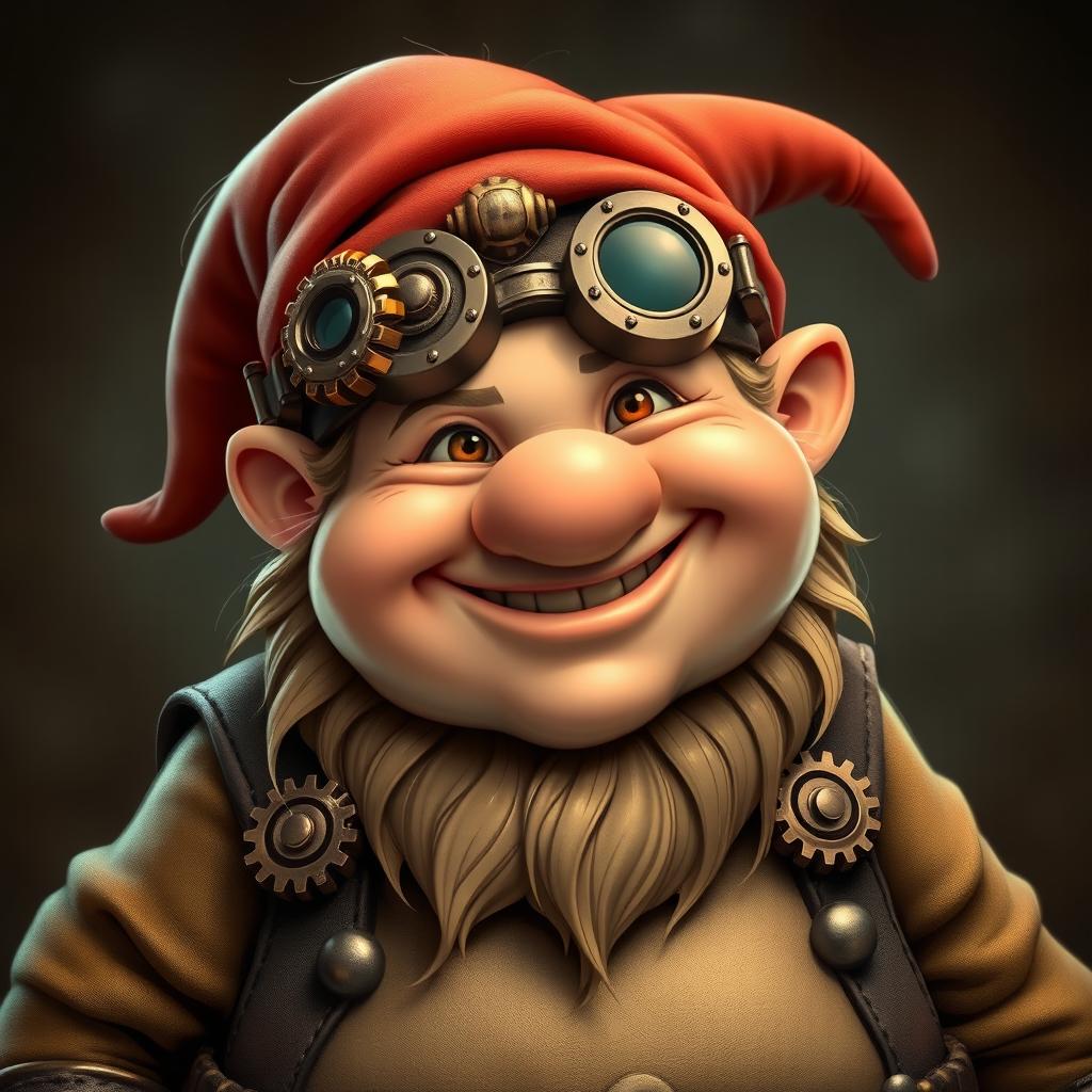 A comically amusing, rotund dwarf character with a jovial expression, wearing intricate mechanical goggles that add a whimsical steampunk element to his look