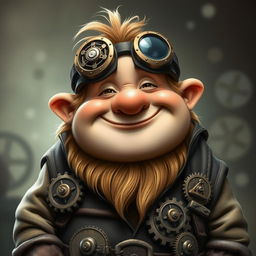 A comically amusing, rotund dwarf character with a jovial expression, wearing intricate mechanical goggles that add a whimsical steampunk element to his look