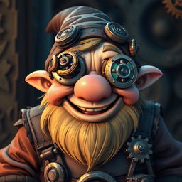 A comically amusing, rotund dwarf character with a jovial expression, wearing intricate mechanical goggles that add a whimsical steampunk element to his look