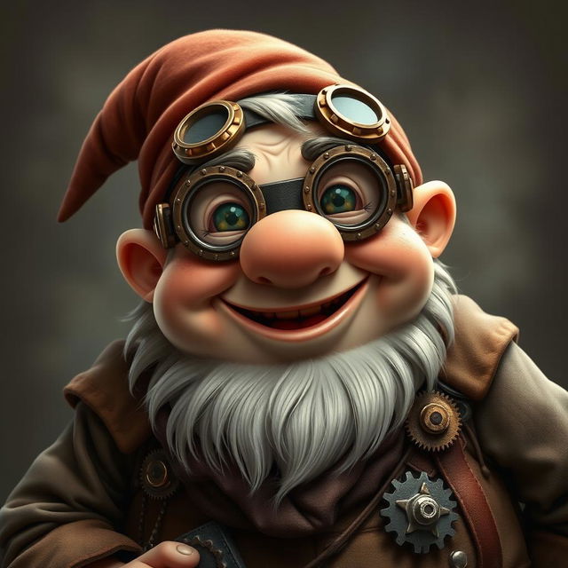 A comically amusing, rotund dwarf character with a jovial expression, wearing intricate mechanical goggles that add a whimsical steampunk element to his look