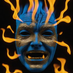 A blue and gold neon character face engulfed in flames