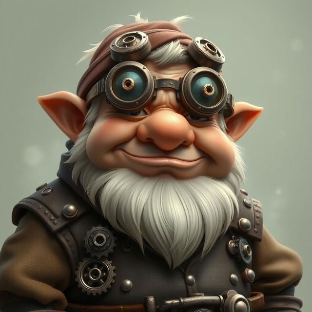 A comically dumb, rotund dwarf character with a goofy expression, wearing intricate mechanical goggles that contribute to a whimsical steampunk aesthetic