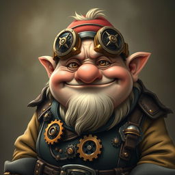 A comically dumb, rotund dwarf character with a goofy expression, wearing intricate mechanical goggles that contribute to a whimsical steampunk aesthetic