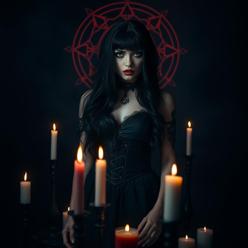 a mysterious and alluring goth woman with raven-black hair, wearing gothic makeup and standing in a dark, moody atmosphere, surrounded by candles and mystical symbols, exuding an air of enchanting mystery and captivating allure