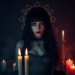 a mysterious and alluring goth woman with raven-black hair, wearing gothic makeup and standing in a dark, moody atmosphere, surrounded by candles and mystical symbols, exuding an air of enchanting mystery and captivating allure