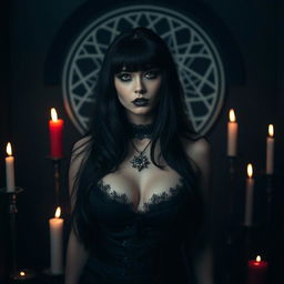 a mysterious and alluring goth woman with raven-black hair, wearing gothic makeup and standing in a dark, moody atmosphere, surrounded by candles and mystical symbols, exuding an air of enchanting mystery and captivating allure