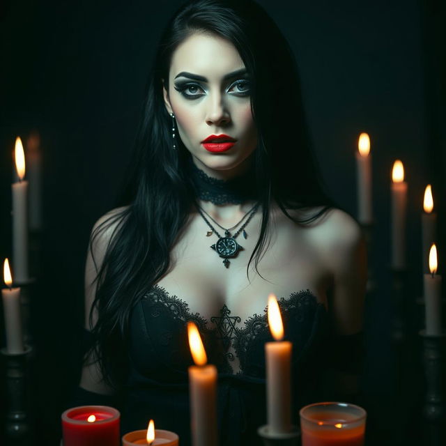 a mysterious and alluring goth woman with raven-black hair, wearing gothic makeup and standing in a dark, moody atmosphere, surrounded by candles and mystical symbols, exuding an air of enchanting mystery and captivating allure