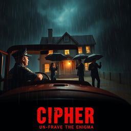 A suspenseful scene set on a stormy night, featuring a policeman seated in a jeep, his gaze fixed on three individuals actively searching a decrepit horror house