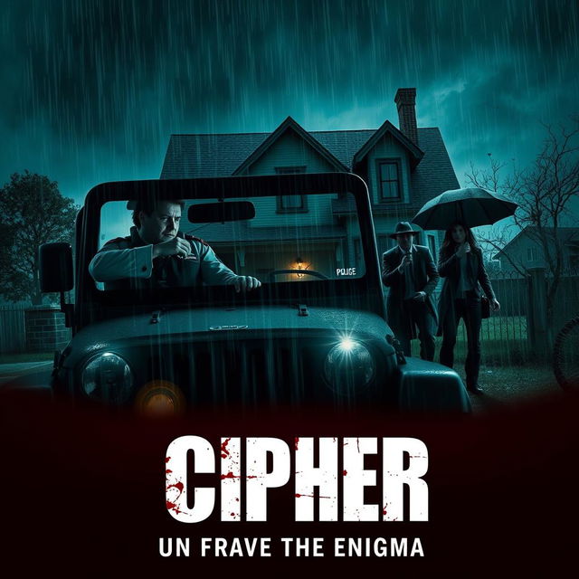 A suspenseful scene set on a stormy night, featuring a policeman seated in a jeep, his gaze fixed on three individuals actively searching a decrepit horror house