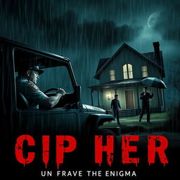 A suspenseful scene set on a stormy night, featuring a policeman seated in a jeep, his gaze fixed on three individuals actively searching a decrepit horror house