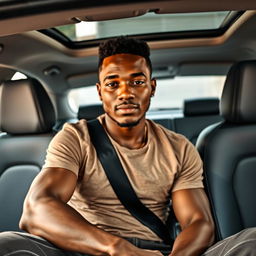 a brown-skinned, short man sitting on a car seat, captured from a frontal angle