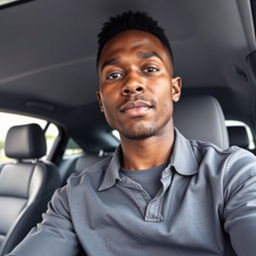 a brown-skinned, short man sitting on a car seat, captured from a frontal angle