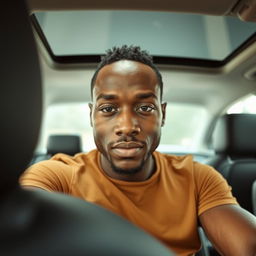 a brown-skinned, short man sitting on a car seat, captured from a frontal angle