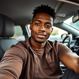 a brown-skinned, short man sitting on a car seat, captured from a frontal angle