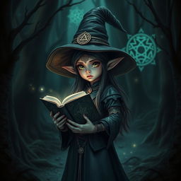 A small, dark elf necromancer female, wearing a large witch hat adorned with arcane symbols