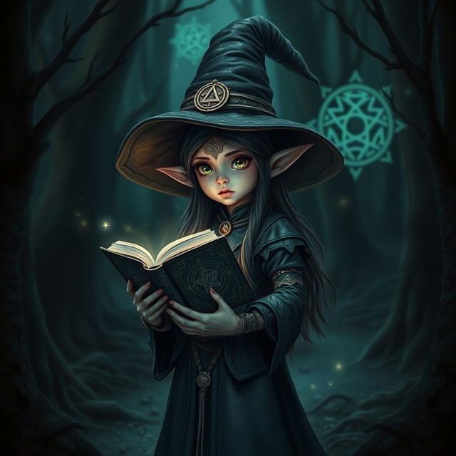 A small, dark elf necromancer female, wearing a large witch hat adorned with arcane symbols