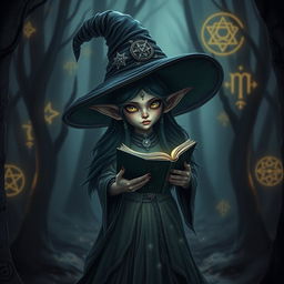 A small, dark elf necromancer female, wearing a large witch hat adorned with arcane symbols