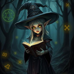 A small, dark elf necromancer female, wearing a large witch hat adorned with arcane symbols