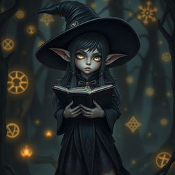 A small, dark elf necromancer female, wearing a large witch hat adorned with arcane symbols