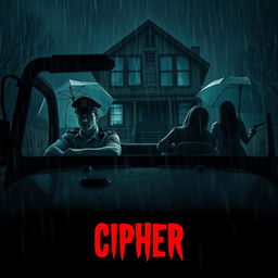 A moody and atmospheric scene featuring a young policeman seated in a jeep, observing three individuals on a tense search around a horror house