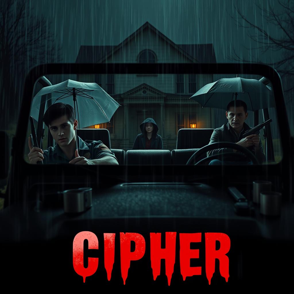 A moody and atmospheric scene featuring a young policeman seated in a jeep, observing three individuals on a tense search around a horror house