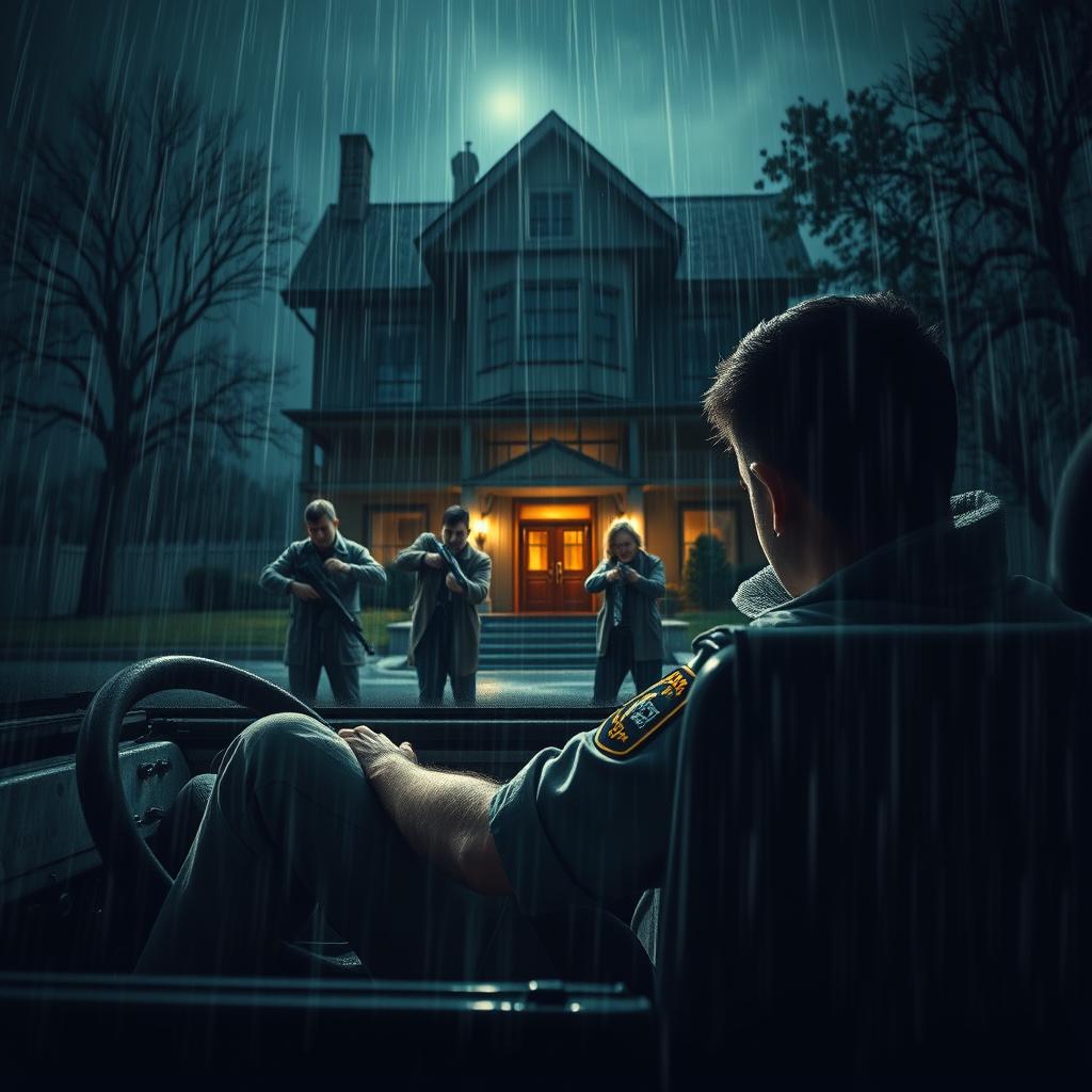 A young policeman, seated in a jeep, peers intently into a rain-drenched night scene where three individuals are meticulously searching a foreboding horror house, each armed with a gun