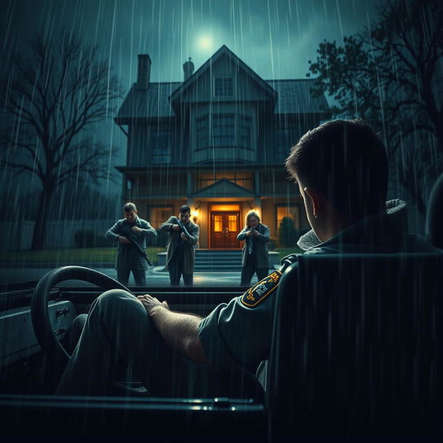 A young policeman, seated in a jeep, peers intently into a rain-drenched night scene where three individuals are meticulously searching a foreboding horror house, each armed with a gun