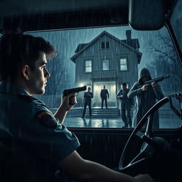 A young policeman, seated in a jeep, peers intently into a rain-drenched night scene where three individuals are meticulously searching a foreboding horror house, each armed with a gun