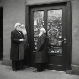 A black and white science lab with two elderly men sporting white beards, beside a time machine. The open door of the time machine reveals a vibrant, colorful view of New York City.