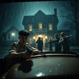 A young policeman, seated in a jeep, peers intently into a rain-drenched night scene where three individuals are meticulously searching a foreboding horror house, each armed with a gun