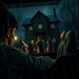 A young policeman, seated in a jeep, peers intently into a rain-drenched night scene where three individuals are meticulously searching a foreboding horror house, each armed with a gun