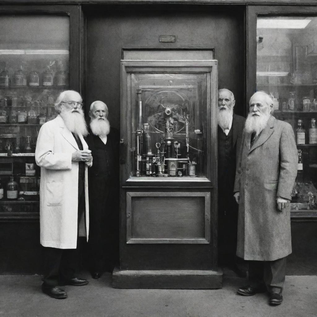 A black and white science lab with two elderly men sporting white beards, beside a time machine. The open door of the time machine reveals a vibrant, colorful view of New York City.