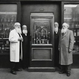 A black and white science lab with two elderly men sporting white beards, beside a time machine. The open door of the time machine reveals a vibrant, colorful view of New York City.