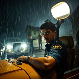 A captivating scene unfolds on a rainy night, featuring a young policeman seated inside a jeep with its headlights glowing brightly