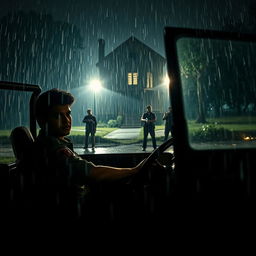 A captivating scene unfolds on a rainy night, featuring a young policeman seated inside a jeep with its headlights glowing brightly