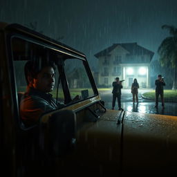 A captivating scene unfolds on a rainy night, featuring a young policeman seated inside a jeep with its headlights glowing brightly