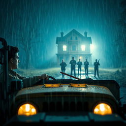 A captivating scene unfolds on a rainy night, featuring a young policeman seated inside a jeep with its headlights glowing brightly