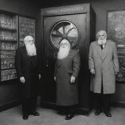 A black and white science lab with two elderly men sporting white beards, beside a time machine. The open door of the time machine reveals a vibrant, colorful view of New York City.