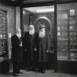 A black and white science lab with two elderly men sporting white beards, beside a time machine. The open door of the time machine reveals a vibrant, colorful view of New York City.