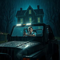 In a thrilling nighttime scene, a young policeman is seated in a police jeep with its headlights glowing brightly, casting light into the rainy darkness