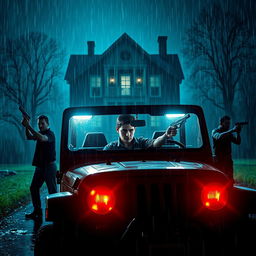 In a thrilling nighttime scene, a young policeman is seated in a police jeep with its headlights glowing brightly, casting light into the rainy darkness