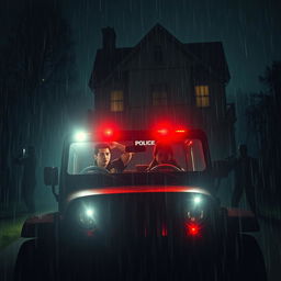 In a thrilling nighttime scene, a young policeman is seated in a police jeep with its headlights glowing brightly, casting light into the rainy darkness