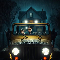 In a thrilling nighttime scene, a young policeman is seated in a police jeep with its headlights glowing brightly, casting light into the rainy darkness