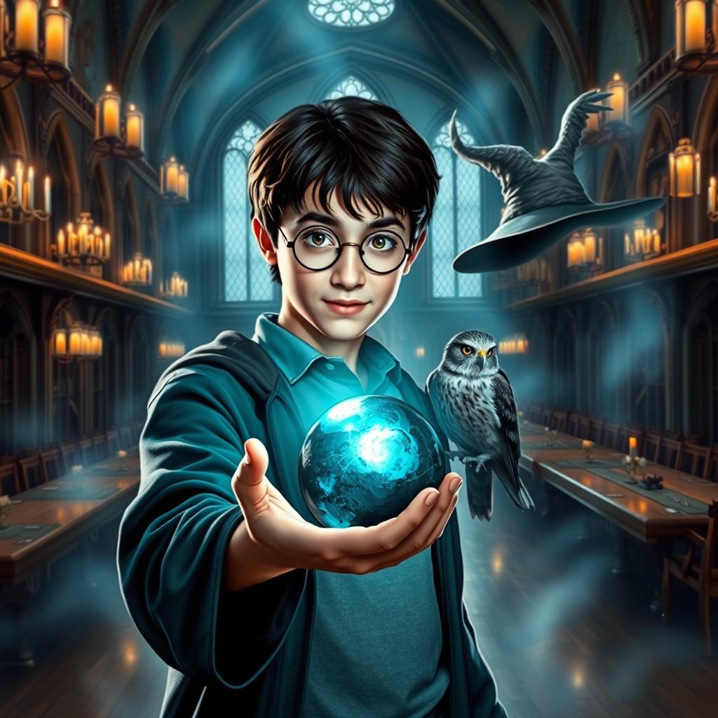 Harry Potter holding the Philosopher's Stone with a magical glow in his hand, surrounded by the enchanting halls of Hogwarts, with details like floating candles and the majestic long wooden tables of the Great Hall