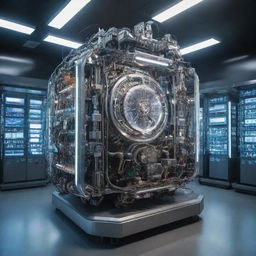 A futuristic time machine designed with complex mechanisms and illuminating controls, standing in the epicenter of a high-tech laboratory filled with scientific equipments and blinking computers.