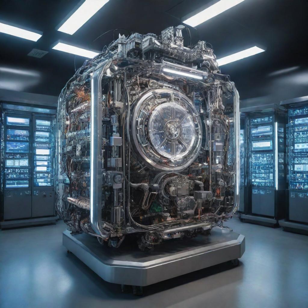 A futuristic time machine designed with complex mechanisms and illuminating controls, standing in the epicenter of a high-tech laboratory filled with scientific equipments and blinking computers.