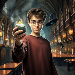 Harry Potter holding the Philosopher's Stone with a magical glow in his hand, surrounded by the enchanting halls of Hogwarts, with details like floating candles and the majestic long wooden tables of the Great Hall