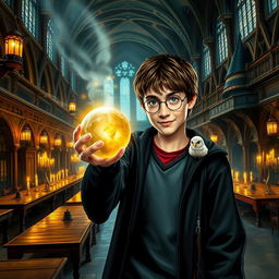 Harry Potter holding the Philosopher's Stone with a magical glow in his hand, surrounded by the enchanting halls of Hogwarts, with details like floating candles and the majestic long wooden tables of the Great Hall